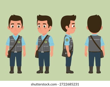 Um personagem de desenho animado mostrado de frente, lado e de trás, vestindo um colete e carregando uma bolsa de mensageiro.