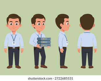 Ein Cartoon-Man-Charakter, der von der Vorder-, Seiten- und Rückansicht aus gezeigt wird und einen Stapel von Servern hält.