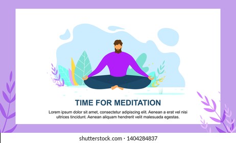 Cartoon Man Character Sit Eyes Closed Calm Breathing in Lotus Position. Meditate Outdoors Vector Illustration. Morning Nature Meditation Time, Emotional Recharge, Zen Yoga Practice, Peaceful Mind