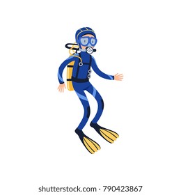 Cartoon man character in special diving costume, mask, flippers and equipment for breathing gas. Snorkeling concept. Underwater sport. Flat vector design