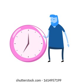 Cartoon man character standing next to the big clock. Cartoon design icon. Flat vector illustration. Isolated on white background.