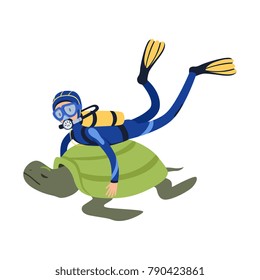 Cartoon man character swimming with giant exotic tortoise in tropical waters. Diver in wetsuit, mask, flippers and aqualung on back. Summer vacation. Flat vector design