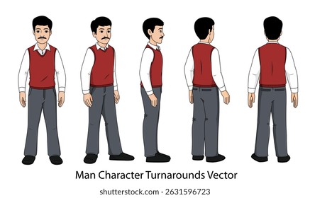 Cartoon Man Character Turnaround Vector, indian man character Model Sheet Design, character illustration