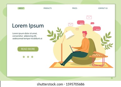 Cartoon Man Character Typing in Notebook, Chatting, Send Email Vector Illustration. Internet Communication. Online Remote Work Banner. Freelance Job from Computer. Freelancer at Home