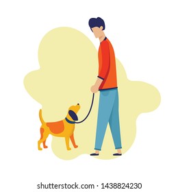 Cartoon Man Character Walking with Dog Along. Dreaming for Love and Relationship. Help and Support in Searching Soul Mate. Animal and Guy Best Friends. Isolated Illustration. Vector Flat Design