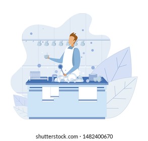 Cartoon Man Character Washing Cup with Brush Illustration. Male Dishwasher in Uniform at Restaurant. Home or Cafe Kitchen Flat Cozy Interior. Vector Cutout Illustration with Foliage Design
