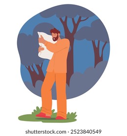 Cartoon Man Character Wears Pajamas Sleepwalking While Holding A Pillow In A Forest Environment. Vector Scene Depicts Serene Nighttime Atmosphere, Portraying Theme Of Somnambulism And Dreamlike States