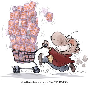 Cartoon man character who was buying a lot of toilet paper. On separated layers.
