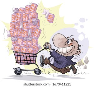 Cartoon man character who was buying a lot of toilet paper. All on separated layers.