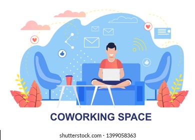 Cartoon Man Character Working at Comfortable Coworking Space Flat Lettering Banner. Freelancer Sits on Coach Using Laptop for Online Work and Drinking Coffee. Vector Open Office Workplace Illustration