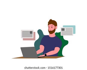 Cartoon man characters is working on internet and reading information using laptop or computer. Flat style. Isolated vector Illustration