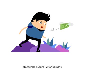 Cartoon of a man chase flying money