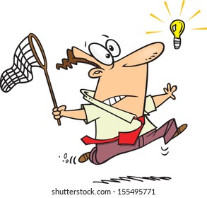 Cartoon man chasing after an idea with a net