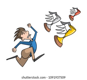 Cartoon man chasing some flying trophies