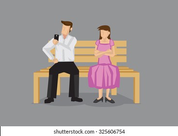 Cartoon man checking his mobile phone on a date and neglecting girlfriend, leaving her pissed. Vector cartoon illustration on technology and social etiquette concept isolated on plain grey background.