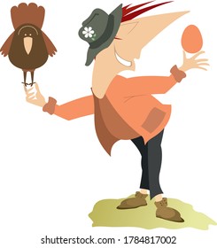 Cartoon man, chicken and egg illustration. Funny smiling man with a flower in the hat holds a chicken in one hand and a big egg in another isolated on white
