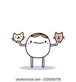 Cartoon man choosing between cat and dog domestic pet hand drawn vector illustration colorful