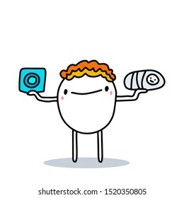 Cartoon man choosing between condom and baby hand drawn vector illustration colorful