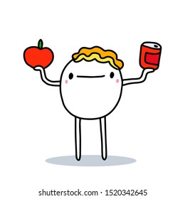 Cartoon man choosing between fresh tomato vegetable and canned food hand drawn vector illustration colorful diet