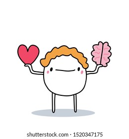 Cartoon man choosing between heart love passion and reason logic brain hand drawn vector illustration colorful