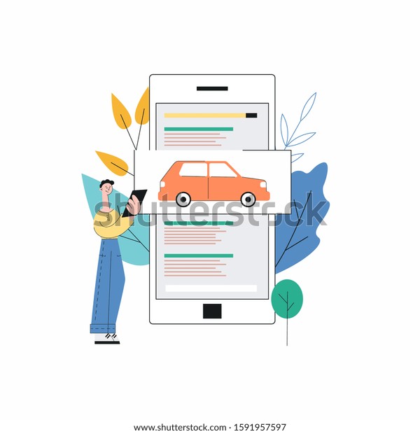 Cartoon man choosing a car on\
smartphone app - giant phone screen with orange car for carsharing,\
rental or purchase website. Isolated flat vector\
illustration.