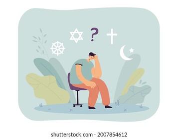 Cartoon man choosing religion flat vector illustration. Man thinking about world religions, symbols of Christianity, Judaism, Buddhism, Islam above him. Religion, tradition, hesitation, choice concept