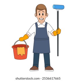 Ilustración vectorial de servicio de limpieza de hombre de dibujos animados