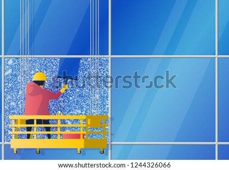 Cartoon man cleaning windows of skyscraper