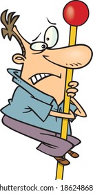 cartoon man clinging to a flagpole