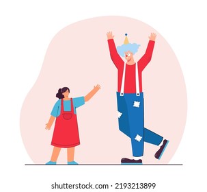 Cartoon man in clown costume greeting little girl. Performer entertaining for child flat vector illustration. Party, celebration, entertainment, profession concept for banner or landing web page