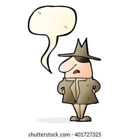 cartoon man in coat and hat with speech bubble