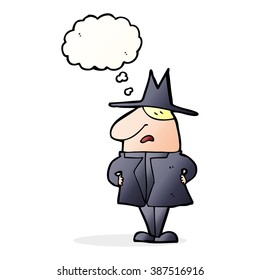 cartoon man in coat and hat with thought bubble