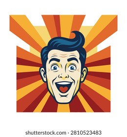 A cartoon man with a comically exaggerated expression of excitement or surprise on his face