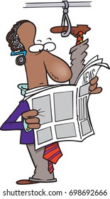 cartoon man commuting on the train while reading with his leg in the air