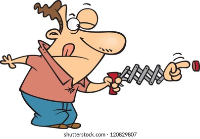 cartoon man concentrating on pushing a button with an extender finger
