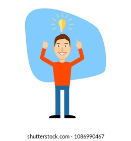 Cartoon man. Concept idea. illustration of a creative young cartoon man pointing at light bulb as a symbol of having an idea
