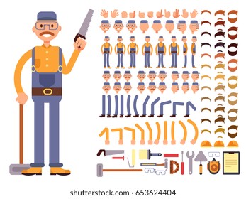 Cartoon man construction worker in jumpsuit vector character with big set of body parts. Creation constructor of different poses. Man construction body and different tools illustration
