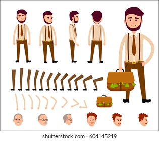 Cartoon man constructor includes legs, hands, original head, red head with mustaches and old man head in glasses and separate briefcase. Vector illustration of businessman with bag full of money.