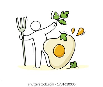 Cartoon man cook omlette with fresh greenery. Doodle cute illustration about the healthy food. Isolated vector about natural nutrition.