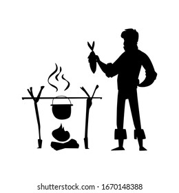 Cartoon man cooking fish stew on bonfire - black isolated silhouette. Fisherman standing next to fire and holding a fish above cauldron - hand drawn flat vector illustration.