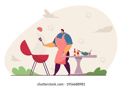 Cartoon man cooking meat steak, doing BBQ outdoor. Flat vector illustration. Person frying or grilling shashlik or square. Food, cooking, picnic concept for banner design or landing page