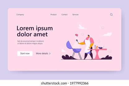 Cartoon man cooking meat steak, doing BBQ outdoor. Flat vector illustration. Person frying or grilling shashlik or square. Food, cooking, picnic concept for banner design or landing page