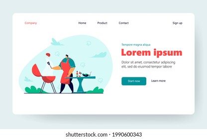 Cartoon man cooking meat steak, doing BBQ outdoor. Flat vector illustration. Person frying or grilling shashlik or square. Food, cooking, picnic concept for banner design or landing page