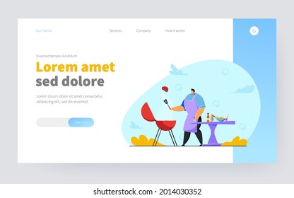 Cartoon man cooking meat steak, doing BBQ outdoor. Flat vector illustration. Person frying or grilling shashlik or square. Food, cooking, picnic concept for banner design or landing page