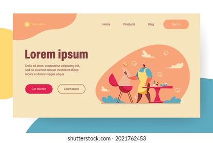 Cartoon man cooking meat steak, doing BBQ outdoor. Flat vector illustration. Person frying or grilling shashlik or square. Food, cooking, picnic concept for banner design or landing page