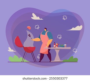 Cartoon homem cozinhar carne bife, fazendo churrasco ao ar livre. Ilustração de vetor plano. Pessoa fritar ou grelhar shashlik ou quadrado. Alimentos, culinária, conceito de piquenique para design de banner ou landing page