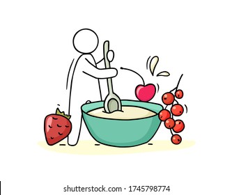 Cartoon man cooking porridge with berries. Doodle cute miniature scene about healthy breakfast. Hand drawn vector illustration for menu design.