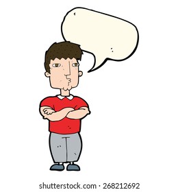 cartoon man with crossed arms with speech bubble