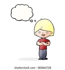 cartoon man with crossed arms with thought bubble
