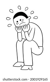 Cartoon man is crouching on the ground and crying, vector illustration. Black outlined and white colored.